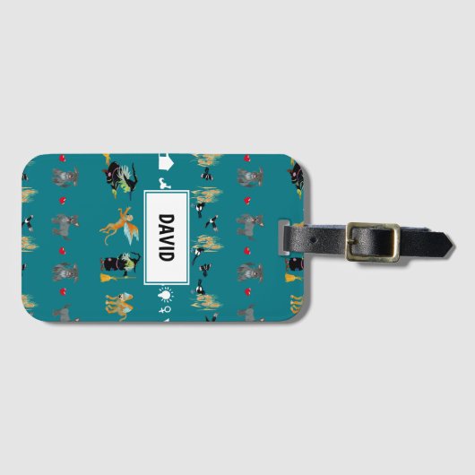 Heksen, vliegende apen, kleine honden op groen bagagelabel (Voorkant (horizontaal))