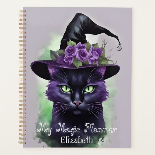 Heksen Zwart Kat Paarse Bloem Magic Planner (Voorkant)