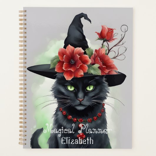 Heksen Zwart Kat Rood Bloem Magisch Planner (Voorkant)