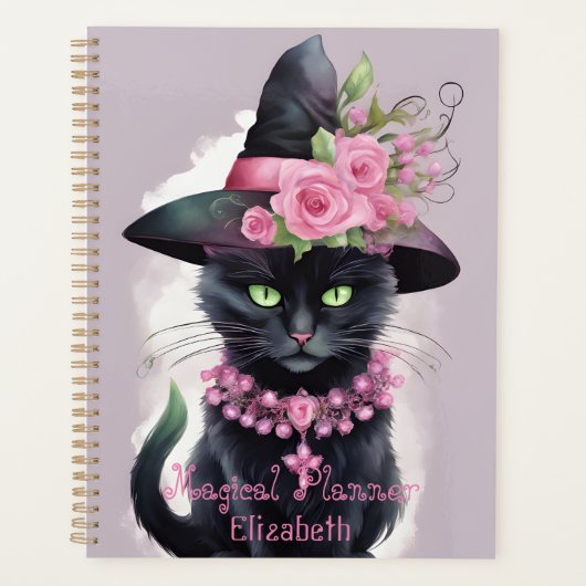 Heksen Zwart Kat Roze Bloem Magisch Planner (Voorkant)