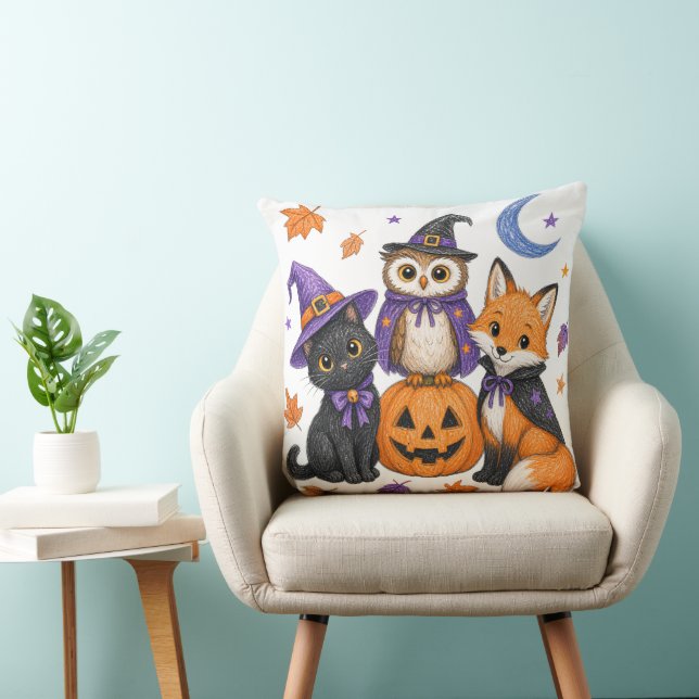 Heksen Zwarte Kat Uil Vos Pompoen Kunst Kussen (Stoel)