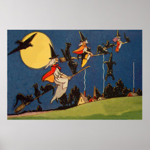 Heksen Zwarte Kat Vliegende Maan Kraai Poster