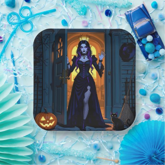 Heksen, zwarte katten en Jack-O-Lantern Halloween Papieren Bordje (Feest)