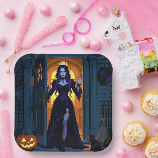 Heksen, zwarte katten en Jack-O-Lantern Halloween Papieren Bordje (Feest)