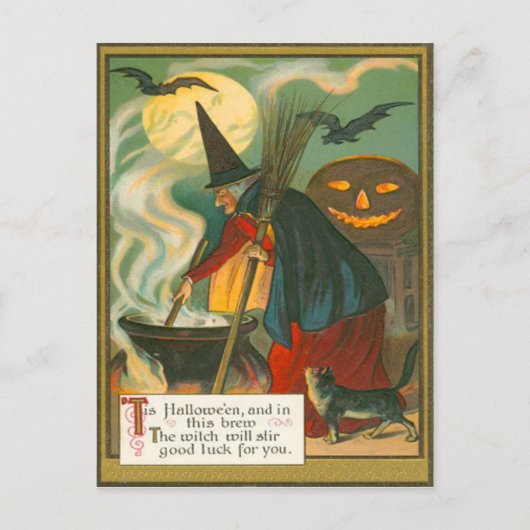Heksenbezem Ketel Jack O Lantern Vleermuis Kat Briefkaart (Voorkant)