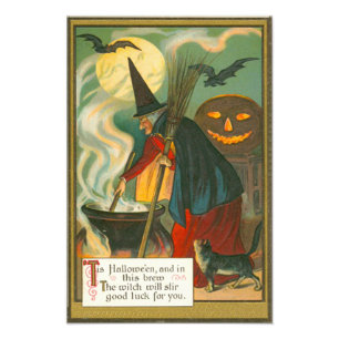 Heksenbezem Ketel Jack O Lantern Vleermuis Kat Foto Afdruk