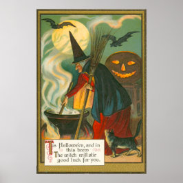 Heksenbezem Ketel Jack O Lantern Vleermuis Kat Poster