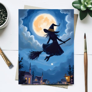 Heksenbezemsteel Halloween Waterverf onder de Maan Feestdagenkaart