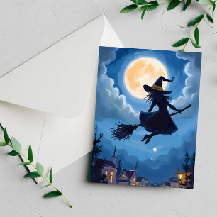 Heksenbezemsteel met maanlicht Halloween-waterverf Feestdagenkaart