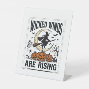 Heksenbezemsteel Pompoen Maan Kunst Halloween Reclamebord Met Voetstuk