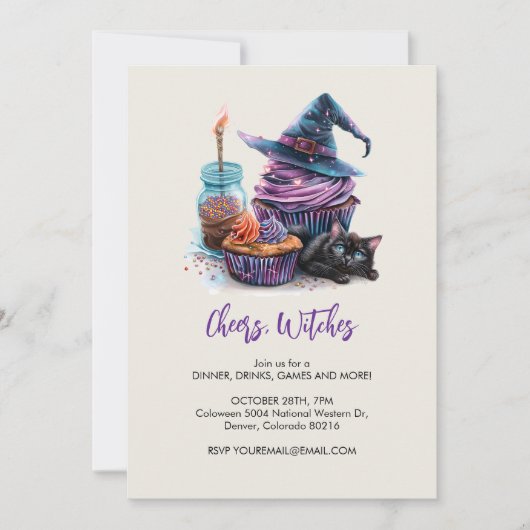 Heksencupcake en zwarte kat, Halloween Kaart (Voorkant)