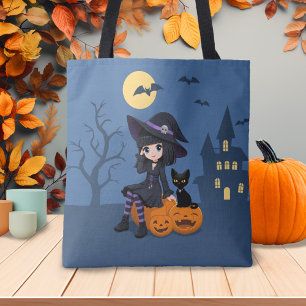 Heksenfeest Heks, Zwarte Kat en Gebogen Pompoenen Tote Bag