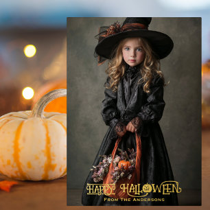  Heksenfoto Spooky Halloween Gold Pumpkin Folie Feestdagenkaart