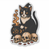 Heksengezel – Tuxedo Kat en Ketel Sticker (Voorkant)