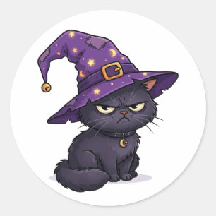 Heksengezicht van een rustende Grumpy Zwarte Kat H Ronde Sticker