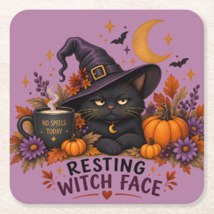 Heksengezicht Zwarte Kat Halloween Kartonnen Onderzetters