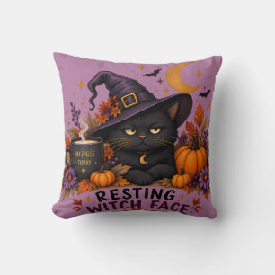 Heksengezicht Zwarte Kat Halloween Kussen