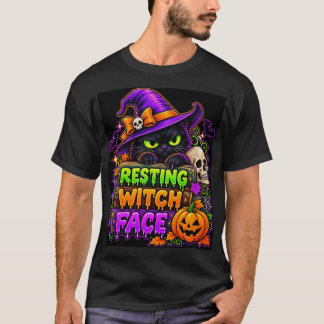 Heksengezicht Zwarte Kat Halloween T-shirt