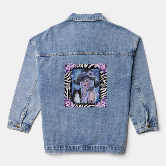 Heksengodin bloemenkunst met kat van Renee Denim Jacket (Achterkant)