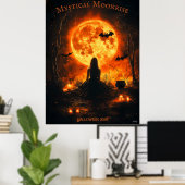 Heksenhalloween met volle maan, kaarsen en vleermu poster (Thuiskantoor)