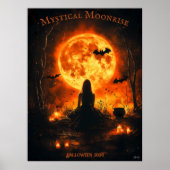 Heksenhalloween met volle maan, kaarsen en vleermu poster (Voorkant)