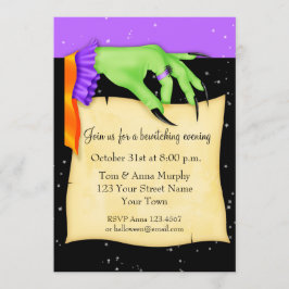 Heksenhand met papier Halloween uitnodiging
