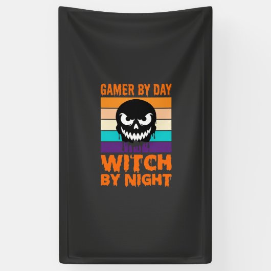 Heksenheks Halloween Retro Schedel Gamer Spandoek (Verticaal)