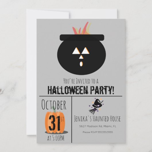 Heksenhoed Bezem Halloween Ketel Feest Uitnodiging (Voorkant)
