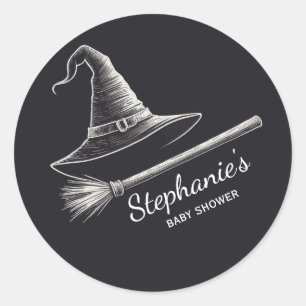 Heksenhoed en bezemsteel babyshower zwart ronde sticker