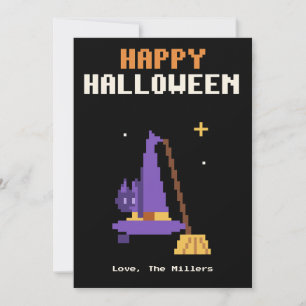 Heksenhoed en kat pixel art Halloween kaart