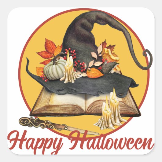Heksenhoed & Spreukenboek Halloween Vierkante Stic Vierkante Sticker (Voorkant)