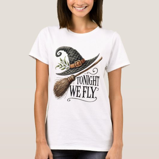 Heksenhoed van Halloween op een bezemsteel T-shirt (Voorkant)