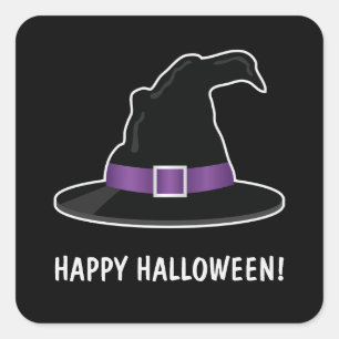 Heksenhoed voor Halloween Met Paarse Tekst en Aang Vierkante Sticker