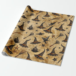 Heksenhoeden en bezemstelen vintage Halloween-patr Cadeaupapier