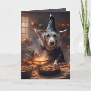 Heksenhond kookt een Halloween-feestgroet Kaart