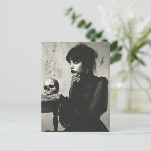  heksenjacht horror vrouw met schedel briefkaart (Staand voorkant)
