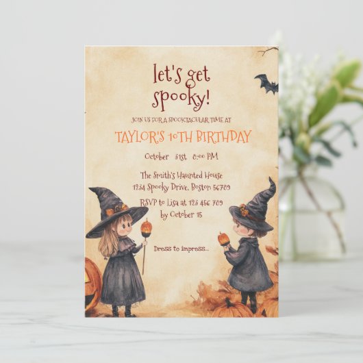 Heksenjongen Meisje Halloween Verjaardagsfeest Kaart (Staand voorkant)