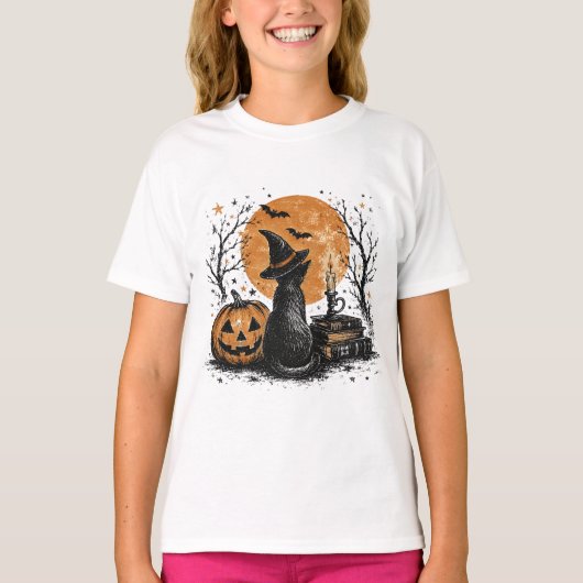 Heksenkat en pompoen t-shirt (Voorkant)