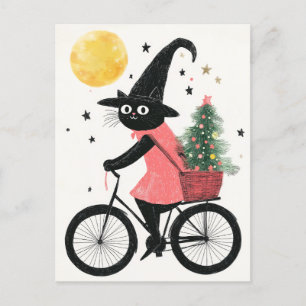 Heksenkat Fietsen met kerstboom Eigenzinnige Kerst Briefkaart