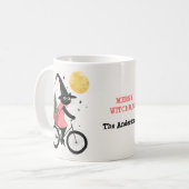 Heksenkat Fietsen met kerstboom Eigenzinnige Kerst Koffiemok (Voorkant links)