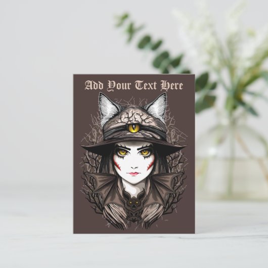 Heksenkat Halloween griezelig Schattige portret Feestdagenkaart (Staand voorkant)