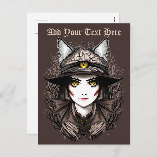 Heksenkat Halloween griezelig Schattige portret Feestdagenkaart (Voorkant / Achterkant)