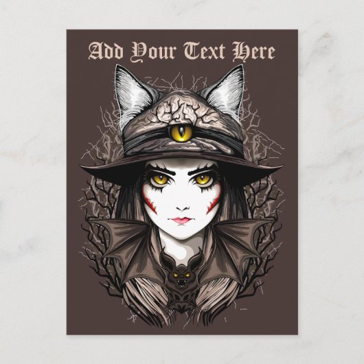 Heksenkat Halloween griezelig Schattige portret Feestdagenkaart (Voorkant)