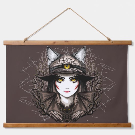 Heksenkat Halloween griezelig Schattige portret Hangend Wandkleed (Voorkant)
