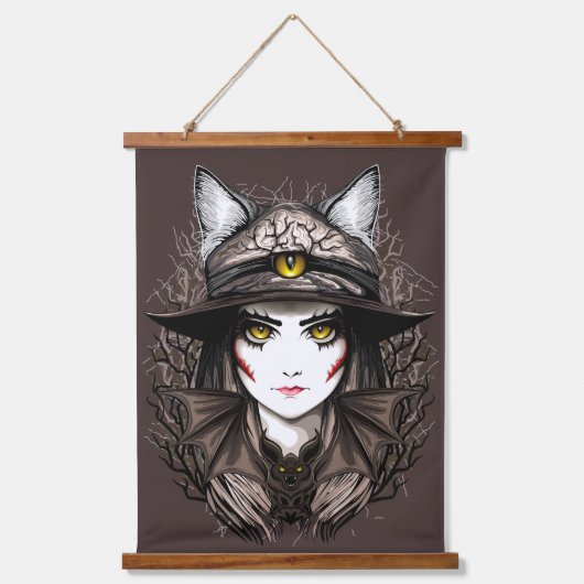 Heksenkat Halloween griezelig Schattige portret Hangend Wandkleed (Voorkant)