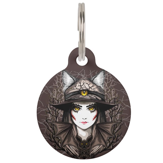 Heksenkat Halloween griezelig Schattige portret Huisdierpenning (Voorkant)