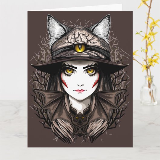 Heksenkat Halloween griezelig Schattige portret Kaart (Gele Bloem)
