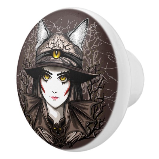 Heksenkat Halloween griezelig Schattige portret Keramische Knop (Rechts)