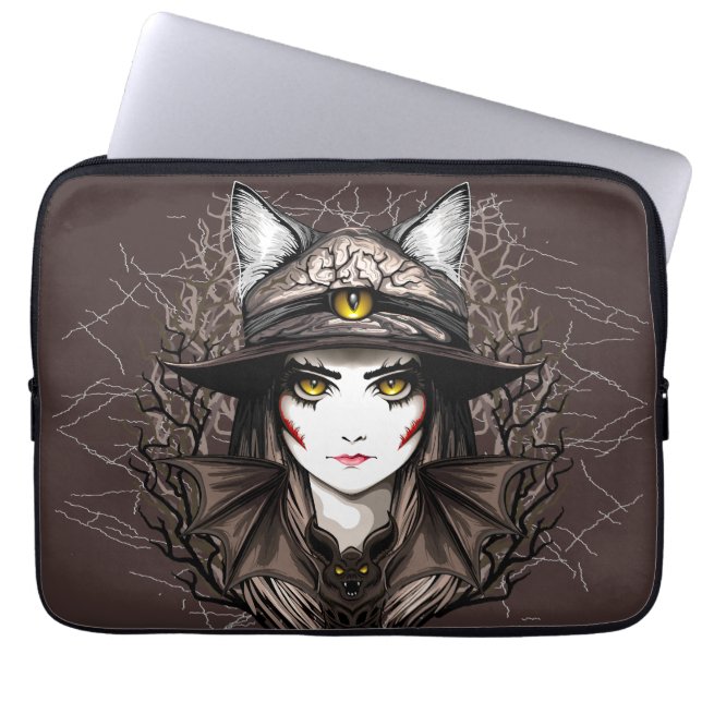 Heksenkat Halloween griezelig Schattige portret Laptop Sleeve (Voorkant)