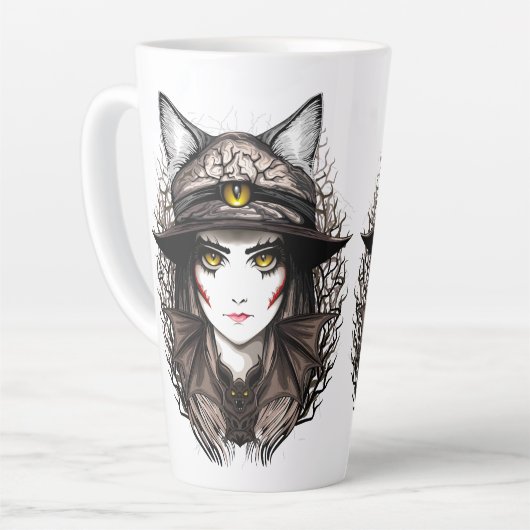 Heksenkat Halloween griezelig Schattige portret Latte Mok (Linkerhoek)